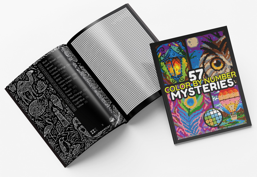 57 Mysteries color by number book – opened spread, pixel art coloring page detail