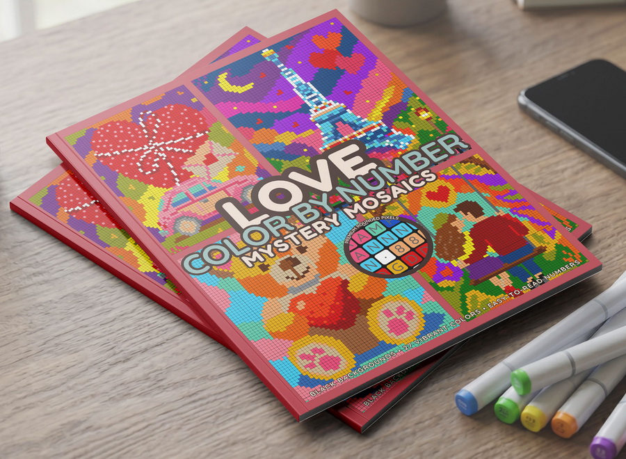 Mystery Mosaics Love – romantic pixel art coloring book paperback