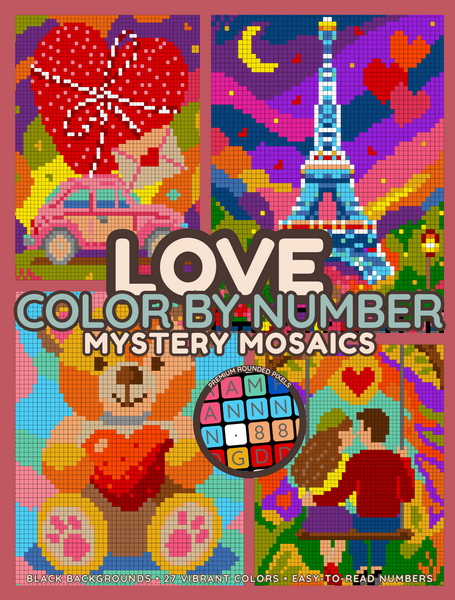 Mystery Mosaics Love color by number book for adults – pixel art coloring by Serge Whitehill