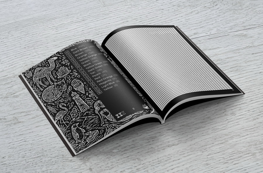 57 Mysteries – color by number book opened spread with decorative graphic page and blank coloring grid