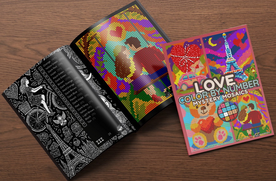Mystery Mosaics Love – color by number book opened spread with graphic page, color key and completed pixel art scene