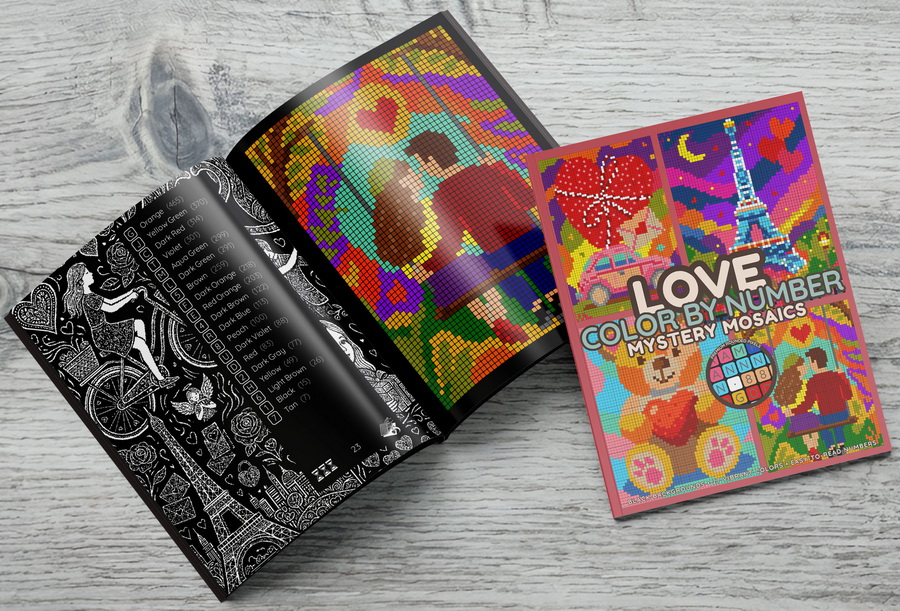 Mystery Mosaics Love color by number book – inside spread with color key and completed pixel art page