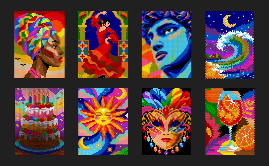 100 Mysteries Solar Edition – 8 completed pixel art scenes across different grid styles