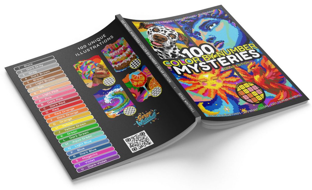 100 Mysteries Solar Edition – inside spread showing full color palette and coloring book cover