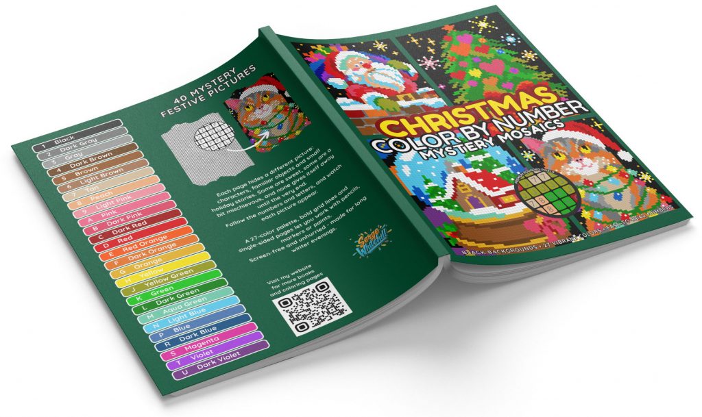 Christmas Mystery Mosaics – inside spread showing full color palette and coloring book cover